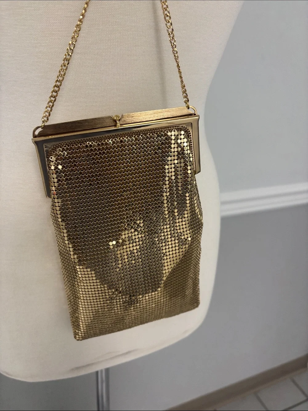 Whiting & Davis Gold Mesh Evening Wristlet with Chain